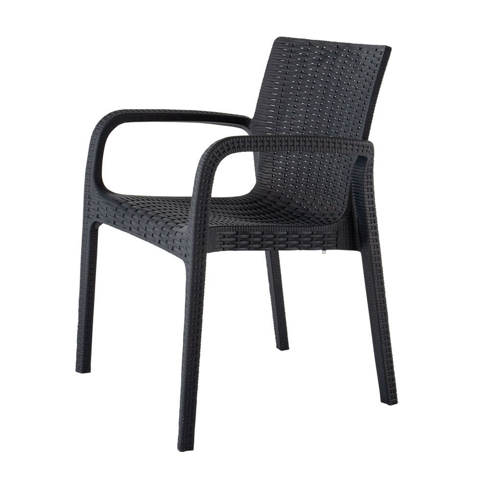 2-Piece Black Faux Rattan Heavy-Duty Plastic Outdoor Patio Stacking Arm Chair Set
