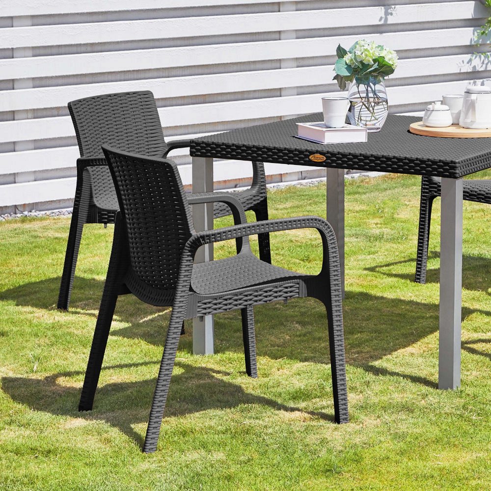 2-Piece Black Faux Rattan Heavy-Duty Plastic Outdoor Patio Stacking Arm Chair Set