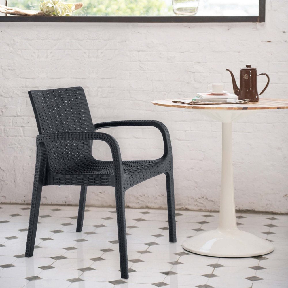 2-Piece Black Faux Rattan Heavy-Duty Plastic Outdoor Patio Stacking Arm Chair Set