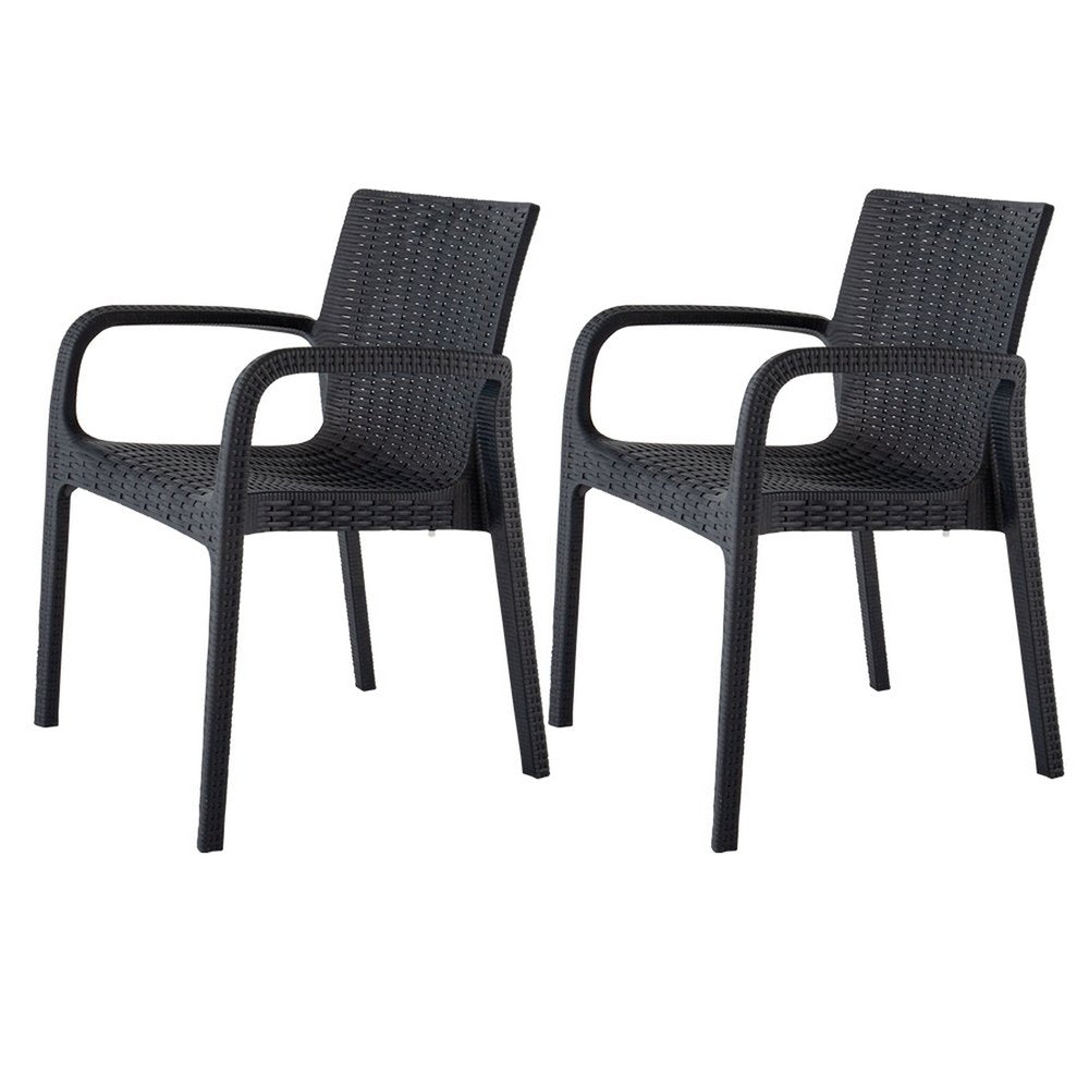 2-Piece Black Faux Rattan Heavy-Duty Plastic Outdoor Patio Stacking Arm Chair Set