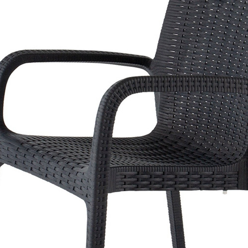 2-Piece Black Faux Rattan Heavy-Duty Plastic Outdoor Patio Stacking Arm Chair Set