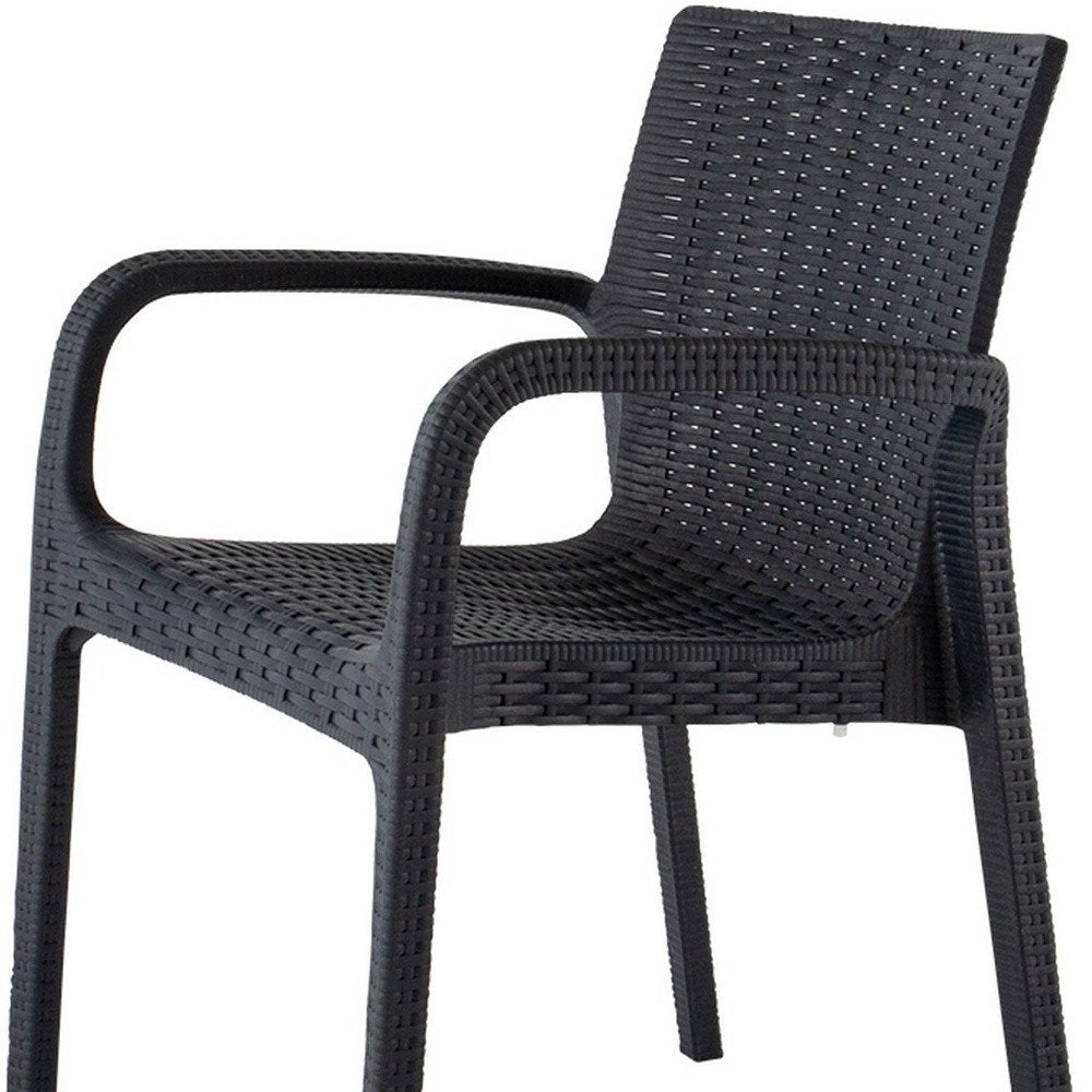 2-Piece Black Faux Rattan Heavy-Duty Plastic Outdoor Patio Stacking Arm Chair Set