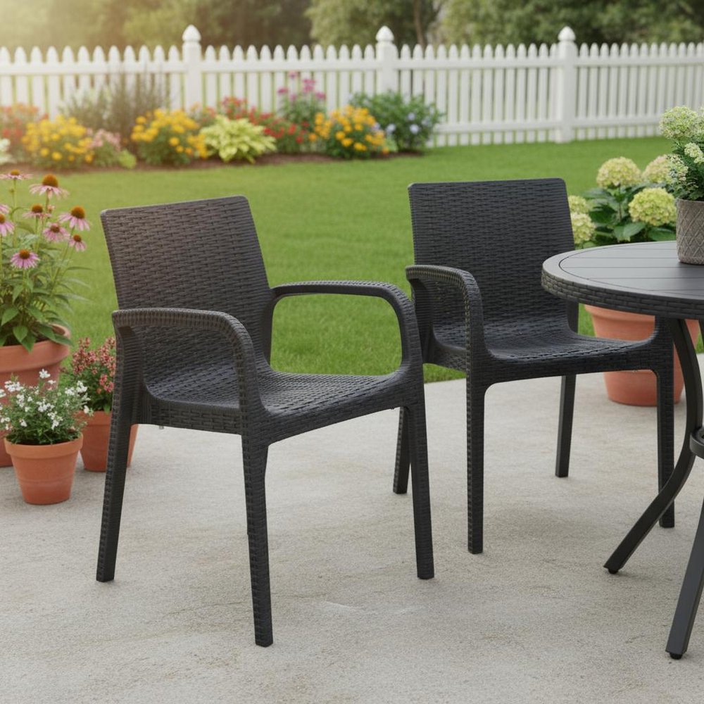 2-Piece Black Faux Rattan Heavy-Duty Plastic Outdoor Patio Stacking Arm Chair Set