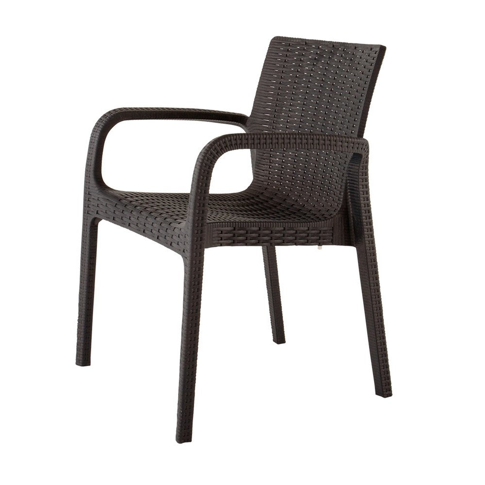 2-Piece Brown Faux Rattan Heavy-Duty Plastic Outdoor Patio Stacking Arm Chair Set