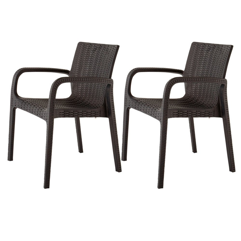 2-Piece Brown Faux Rattan Heavy-Duty Plastic Outdoor Patio Stacking Arm Chair Set