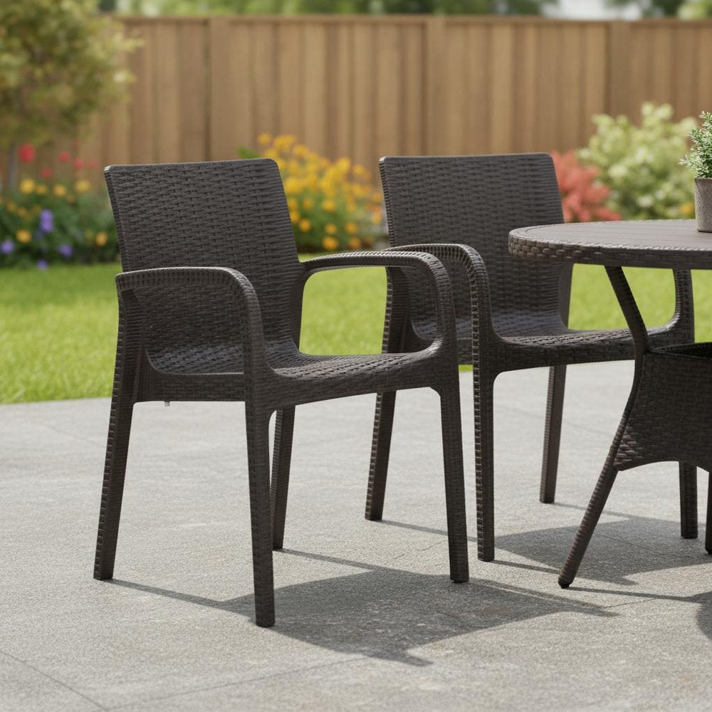 2-Piece Brown Faux Rattan Heavy-Duty Plastic Outdoor Patio Stacking Arm Chair Set