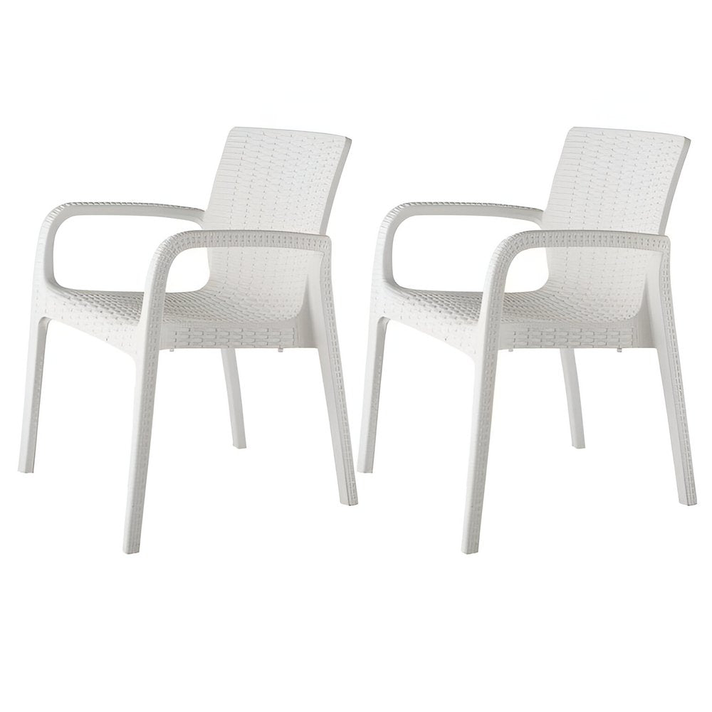 2-Piece White Faux Rattan Heavy-Duty Plastic Outdoor Patio Stacking Arm Chair Set
