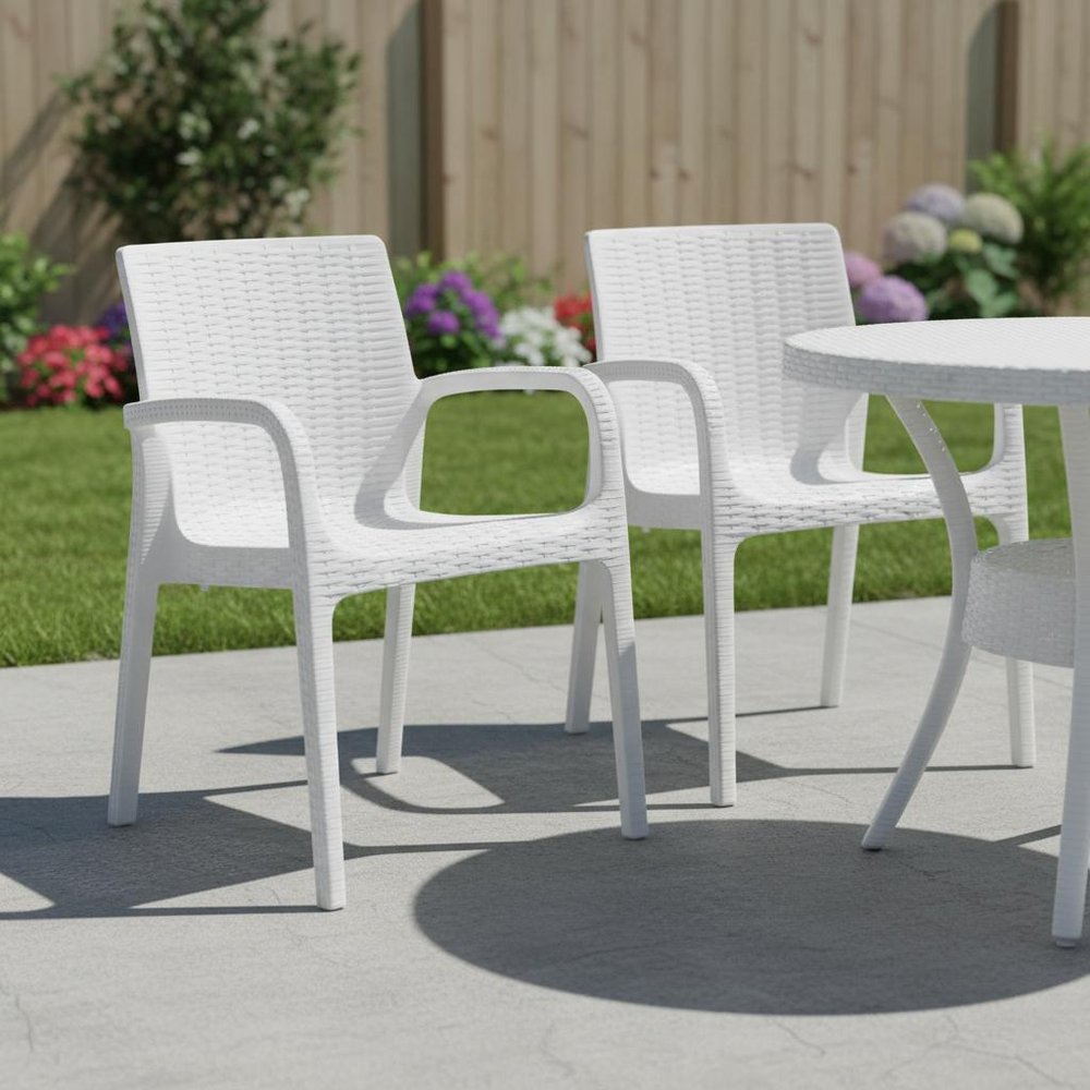 2-Piece White Faux Rattan Heavy-Duty Plastic Outdoor Patio Stacking Arm Chair Set