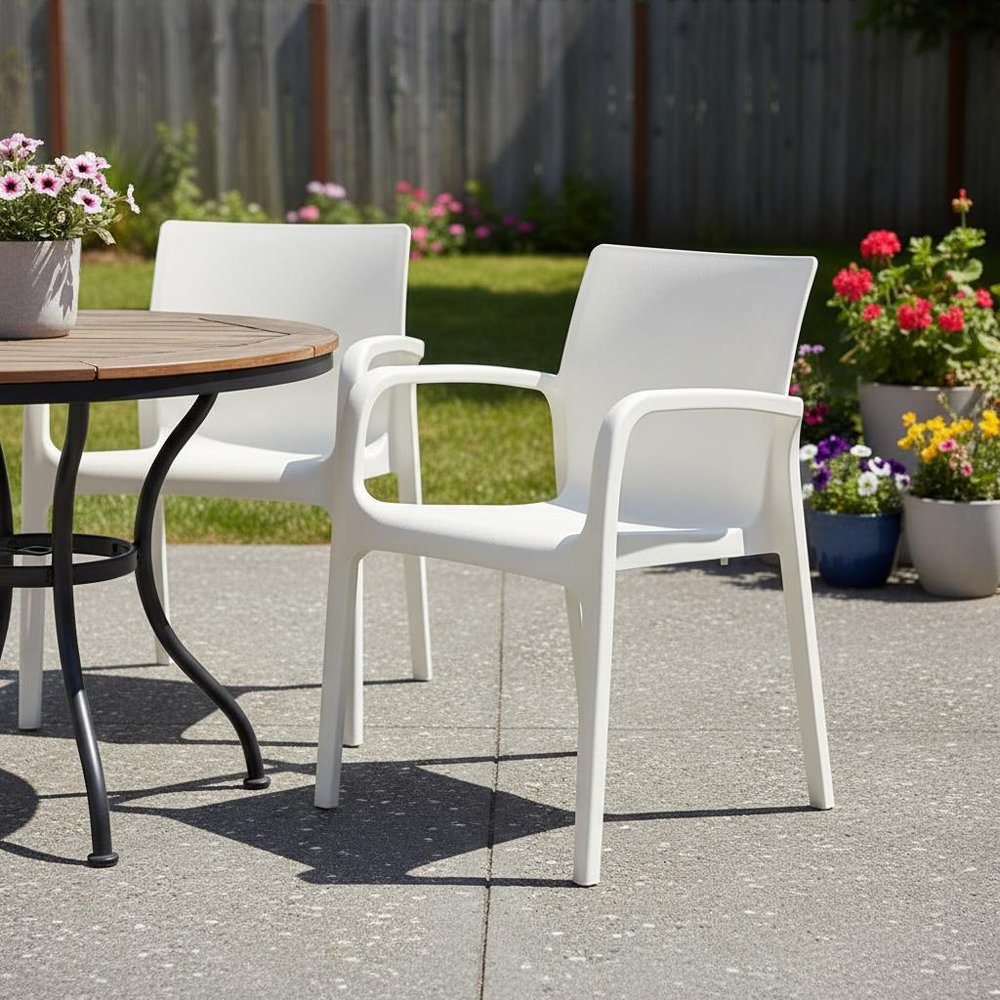 2-Piece White Heavy-Duty Plastic Outdoor Patio Stacking Dining Chair Set