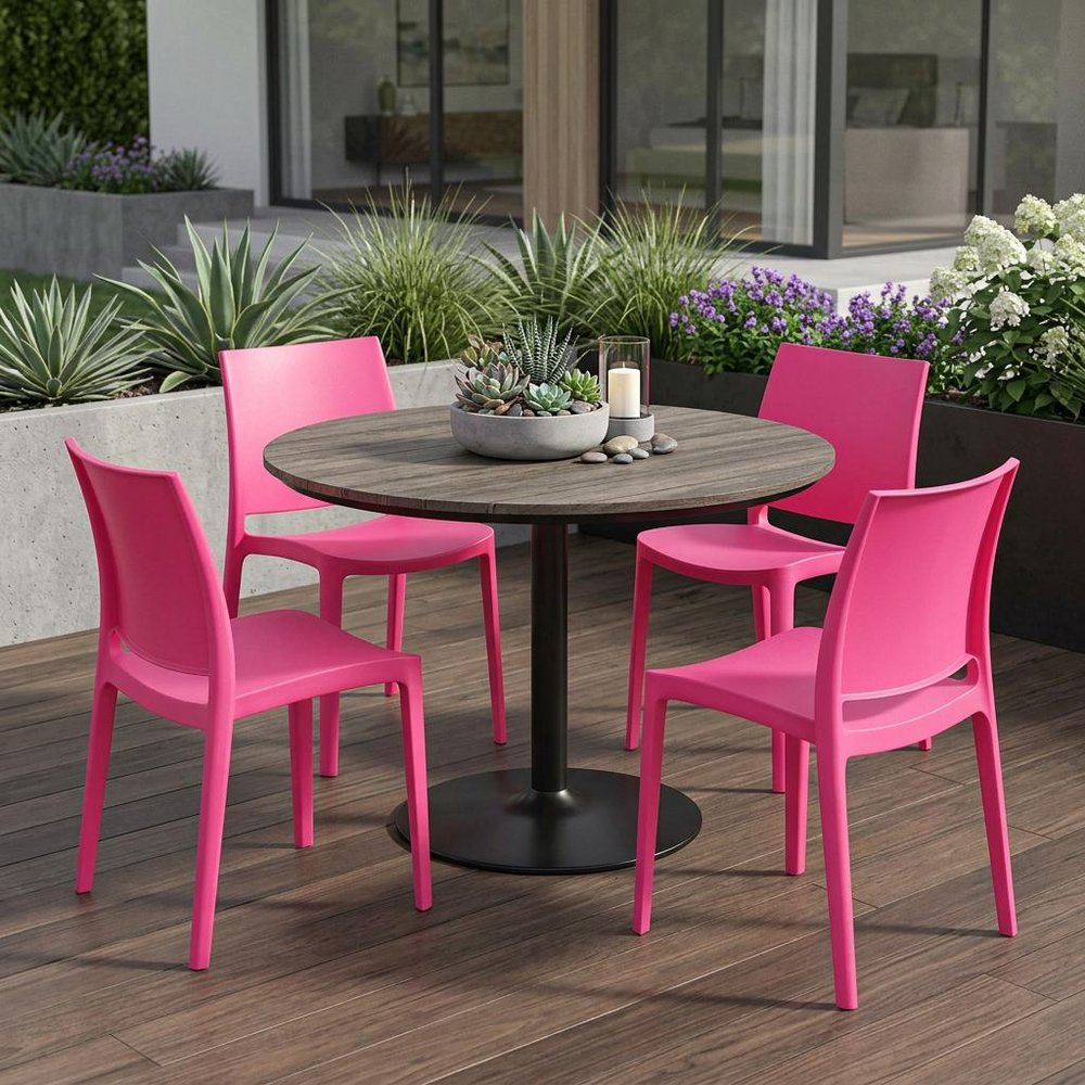 4-Piece Fuchsia Heavy-Duty Plastic Outdoor Patio Stacking Dining Chair Set