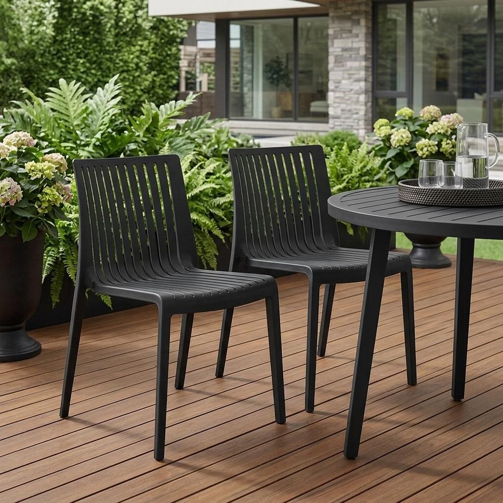 2-Piece Black Heavy-Duty Plastic Outdoor Patio Stacking Accent Chair Set
