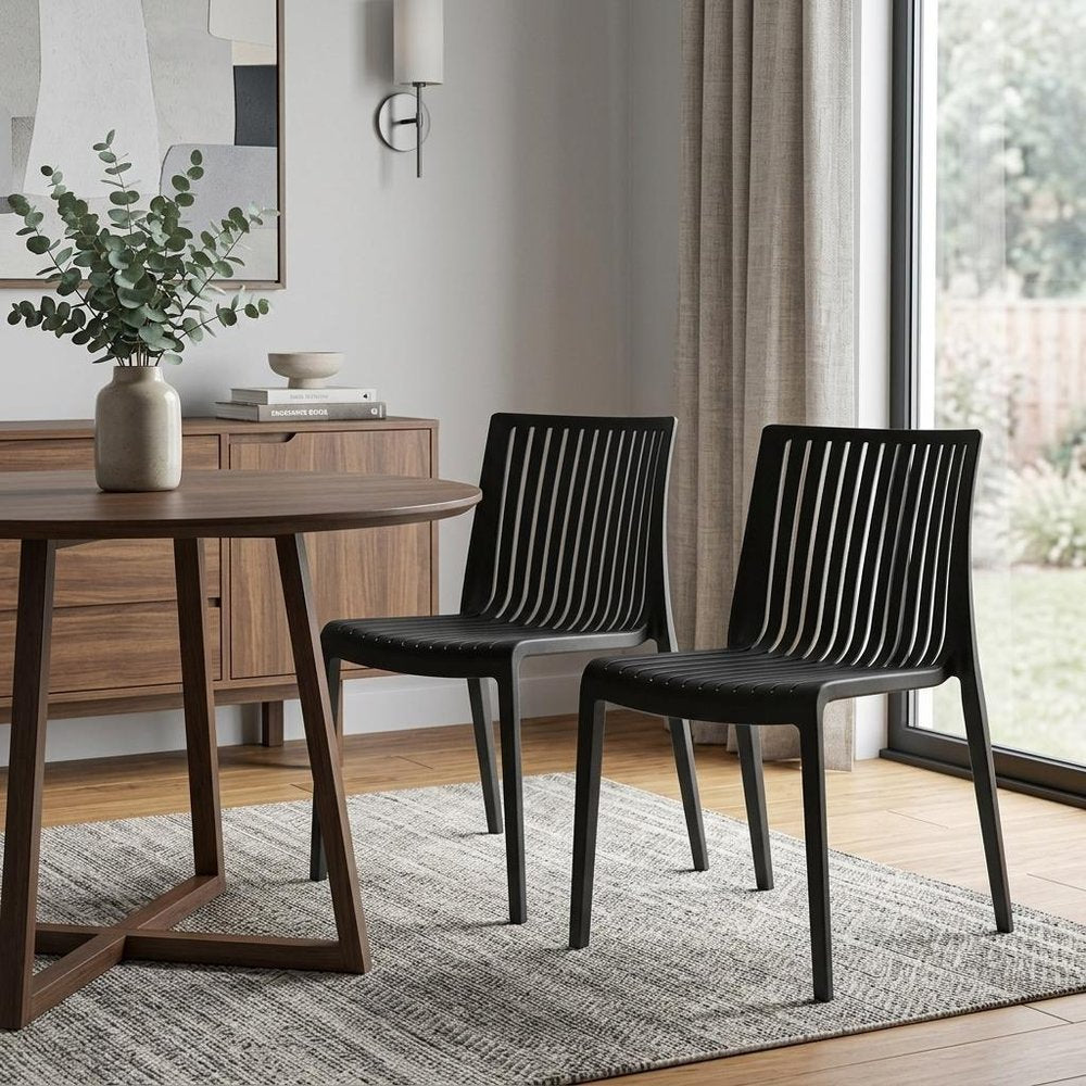 2-Piece Black Heavy-Duty Plastic Outdoor Patio Stacking Accent Chair Set