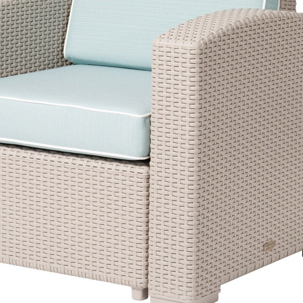 33" Gray Heavy-Duty Plastic Outdoor Patio Club Chair with Blue Cushion