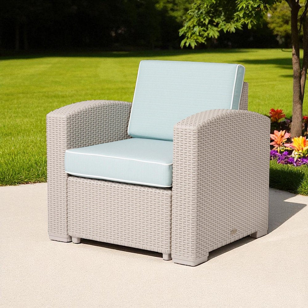 33" Gray Heavy-Duty Plastic Outdoor Patio Club Chair with Blue Cushion