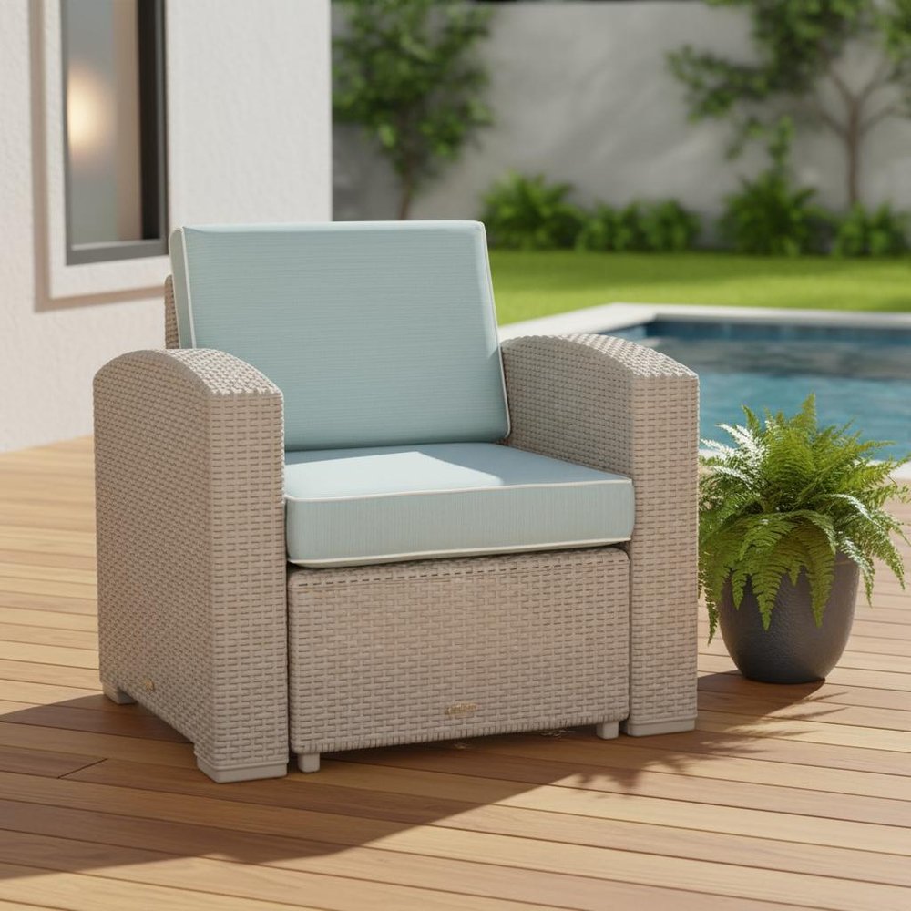 33" Gray Heavy-Duty Plastic Outdoor Patio Club Chair with Blue Cushion