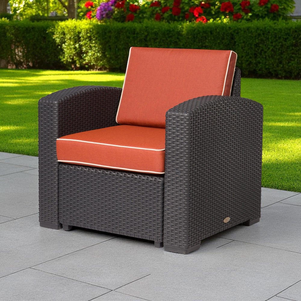 33" Black Heavy-Duty Plastic Outdoor Patio Club Chair with Red Cushion