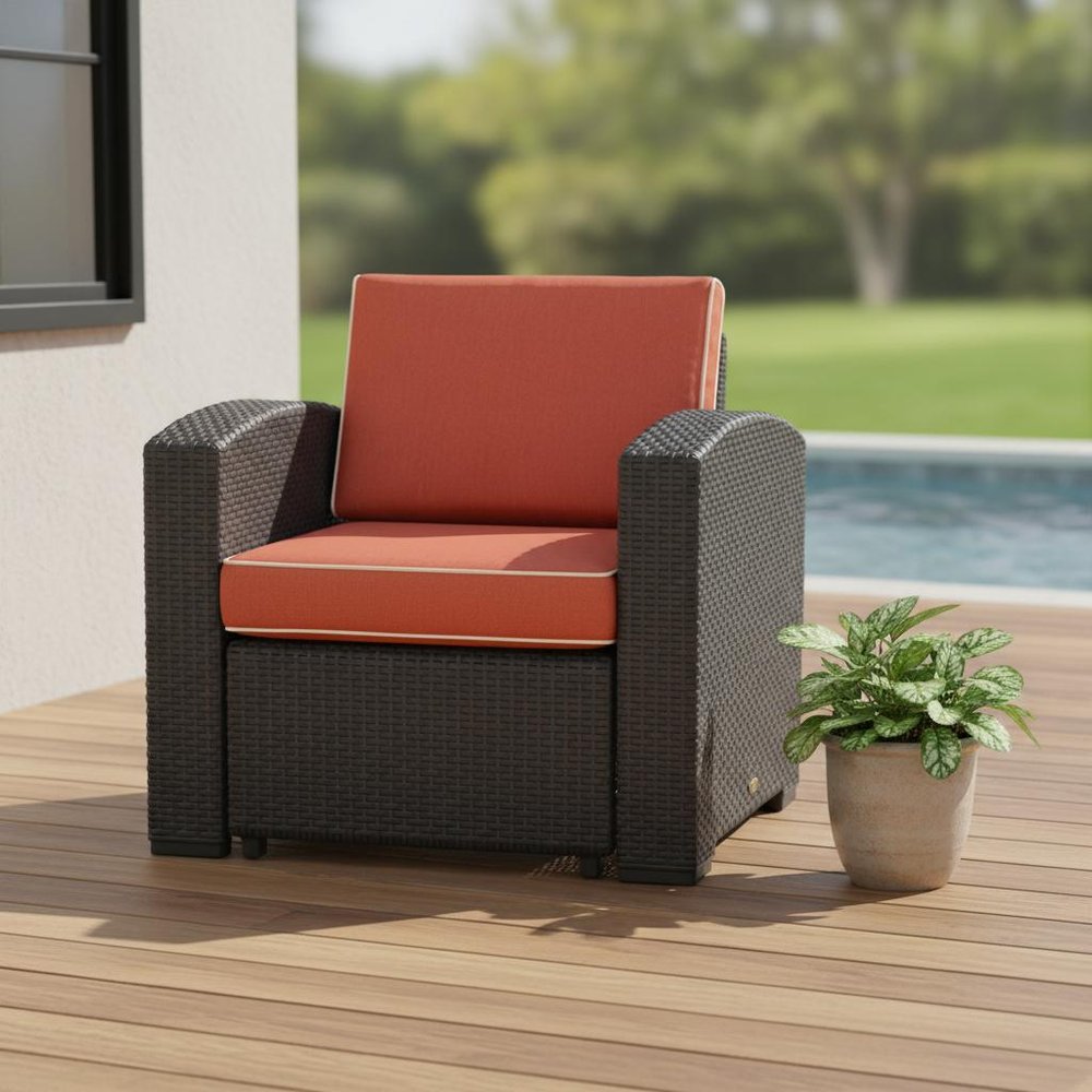 33" Black Heavy-Duty Plastic Outdoor Patio Club Chair with Red Cushion