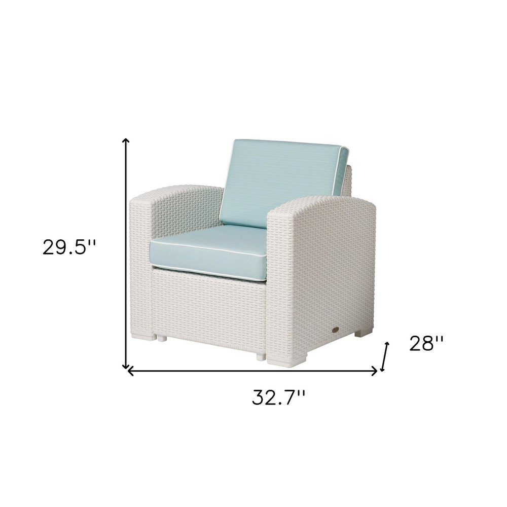 33" White Heavy-Duty Plastic Outdoor Patio Club Chair with Aqua Blue Cushion