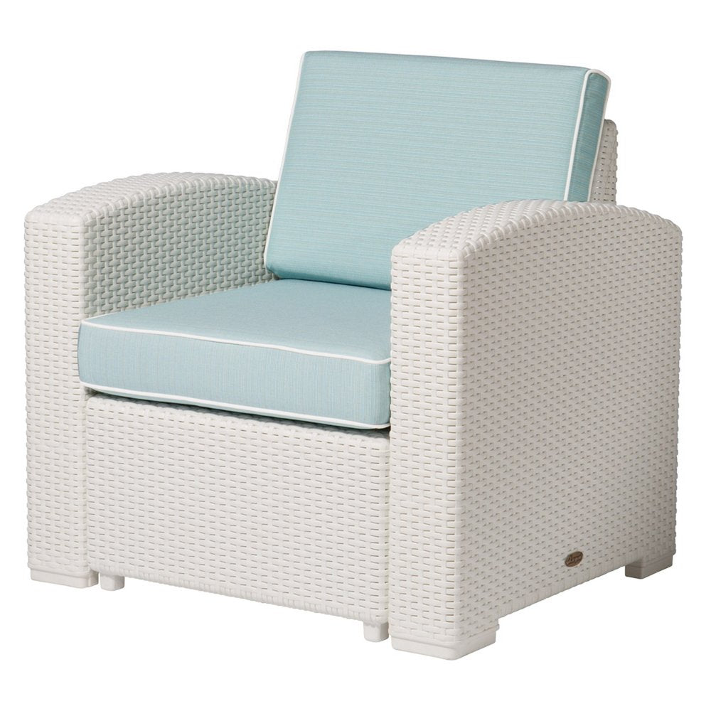 33" White Heavy-Duty Plastic Outdoor Patio Club Chair with Aqua Blue Cushion