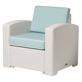 33" White Heavy-Duty Plastic Outdoor Patio Club Chair with Aqua Blue Cushion
