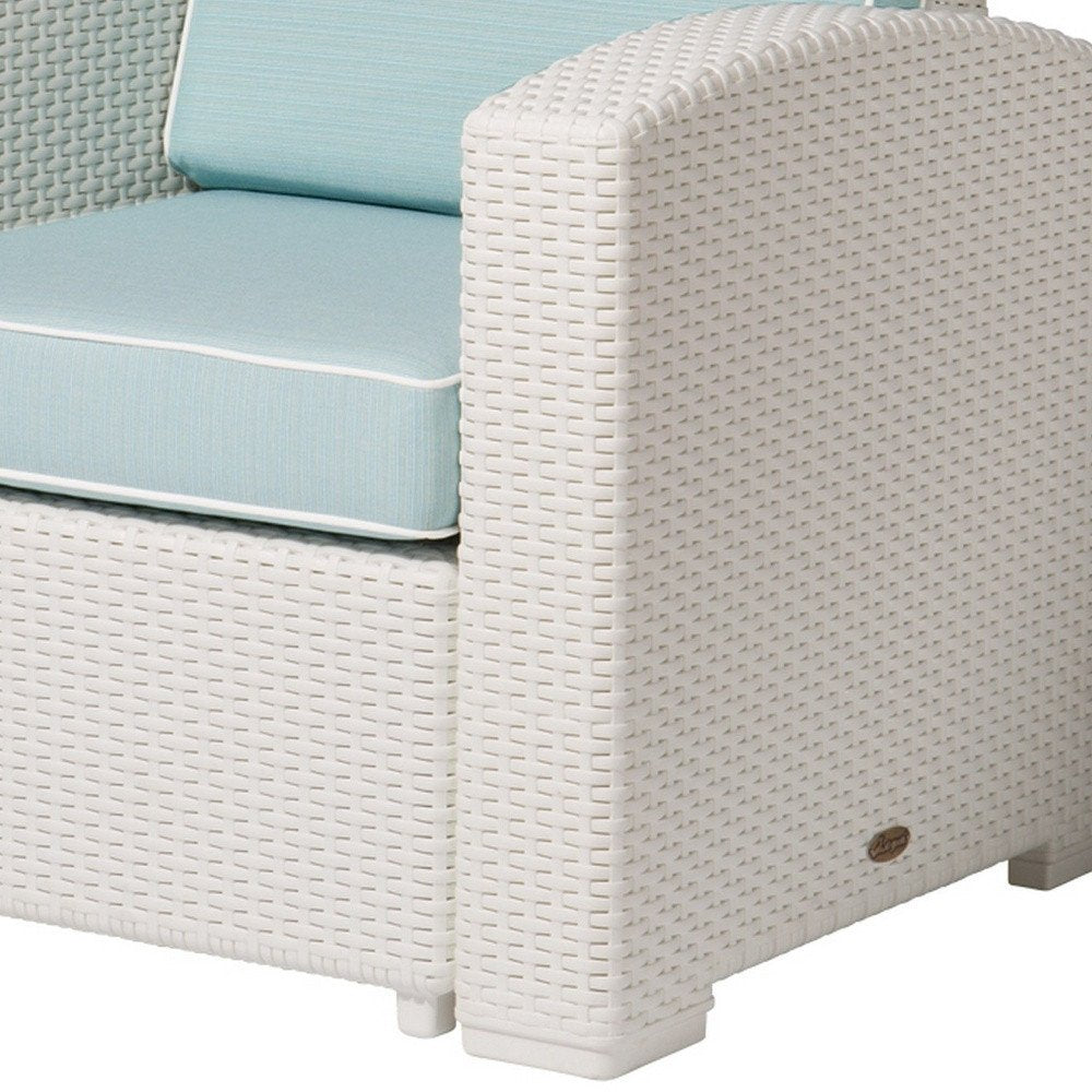 33" White Heavy-Duty Plastic Outdoor Patio Club Chair with Aqua Blue Cushion