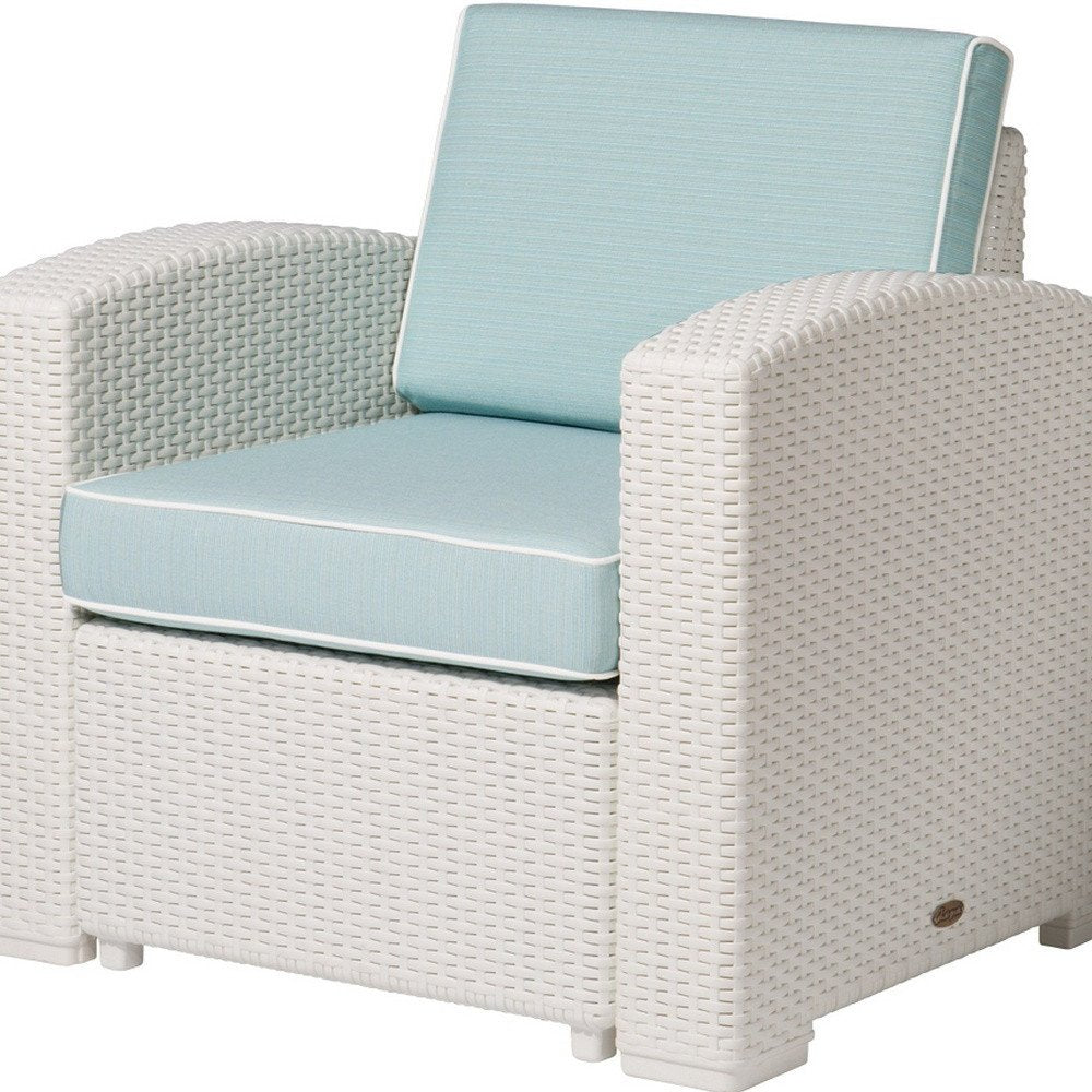 33" White Heavy-Duty Plastic Outdoor Patio Club Chair with Aqua Blue Cushion