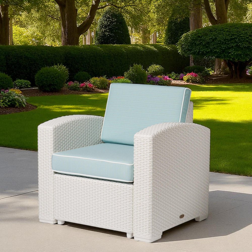 33" White Heavy-Duty Plastic Outdoor Patio Club Chair with Aqua Blue Cushion