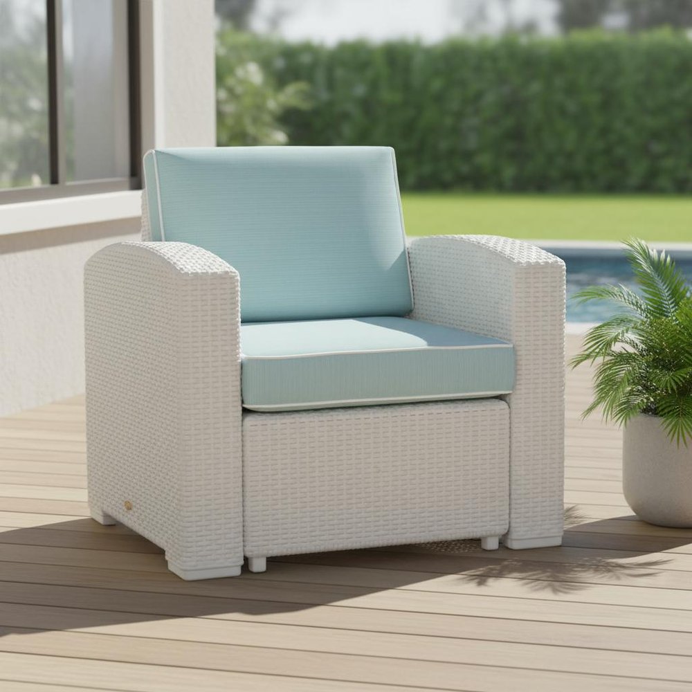 33" White Heavy-Duty Plastic Outdoor Patio Club Chair with Aqua Blue Cushion