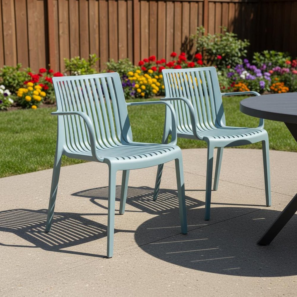 2-Piece Baby Blue Heavy-Duty Plastic Outdoor Patio Stacking Arm Chair Set
