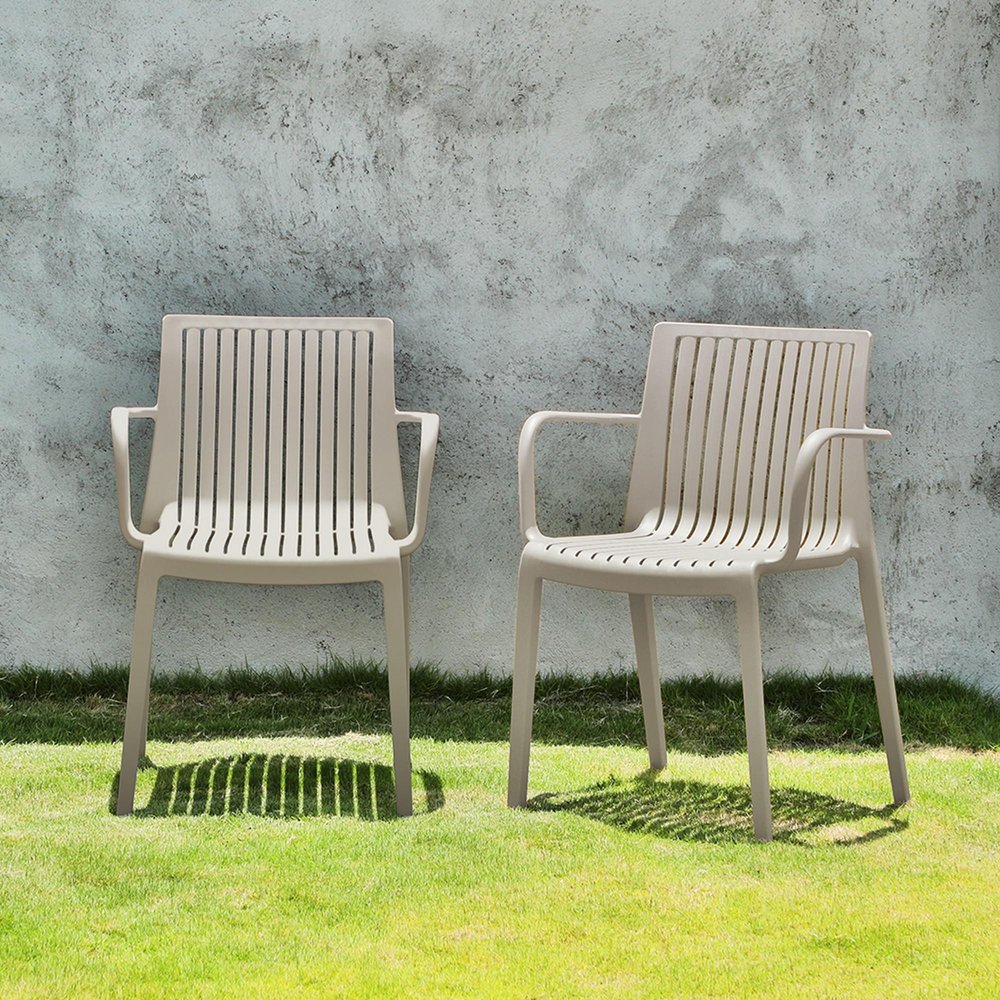 2-Piece Taupe Heavy-Duty Plastic Outdoor Patio Stacking Arm Chair Set