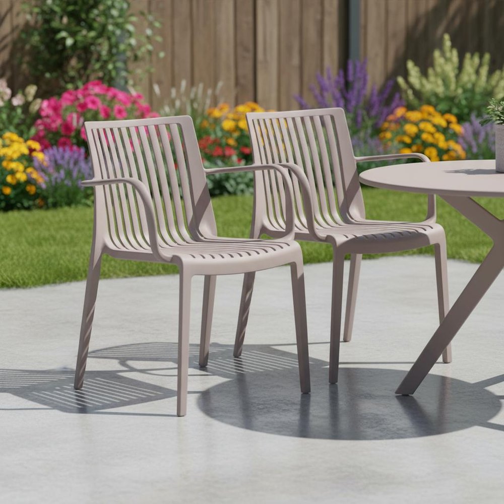 2-Piece Taupe Heavy-Duty Plastic Outdoor Patio Stacking Arm Chair Set