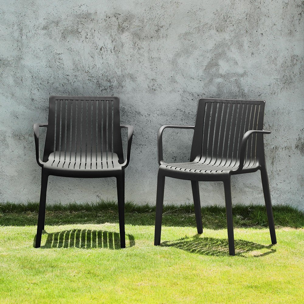 2-Piece Black Heavy-Duty Plastic Outdoor Patio Stacking Arm Chair Set