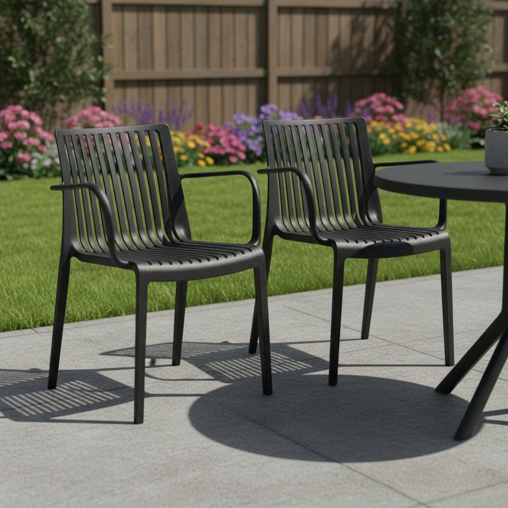 2-Piece Black Heavy-Duty Plastic Outdoor Patio Stacking Arm Chair Set