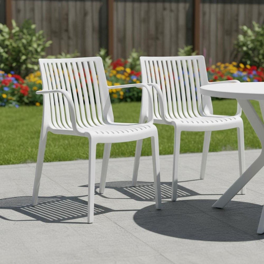 2-Piece White Heavy-Duty Plastic Outdoor Patio Stacking Arm Chair Set