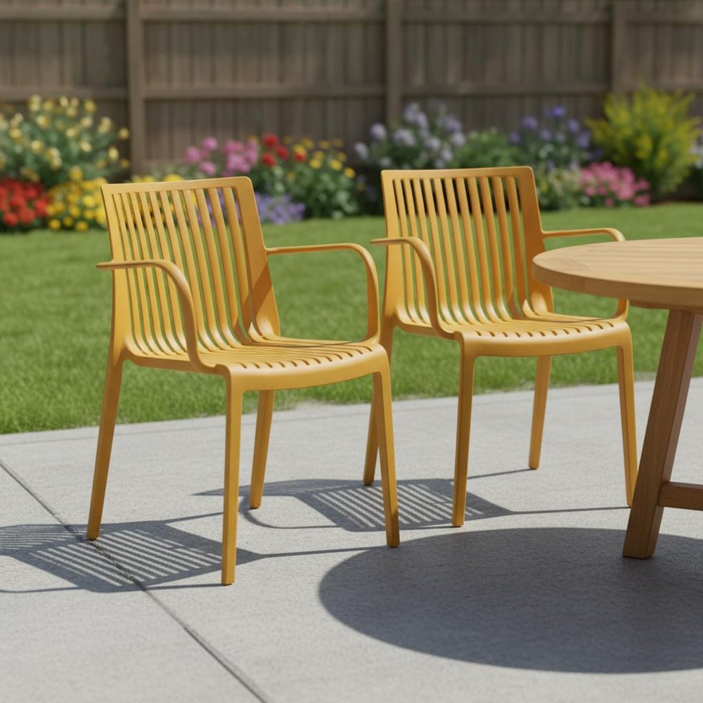 2-Piece Yellow Heavy-Duty Plastic Outdoor Patio Stacking Arm Chair Set