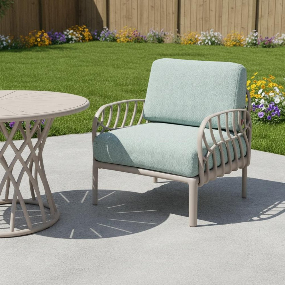31" Gray Heavy-Duty Plastic Outdoor Patio Armchair with Sea Green Cushion - Outdoor Patio Chair