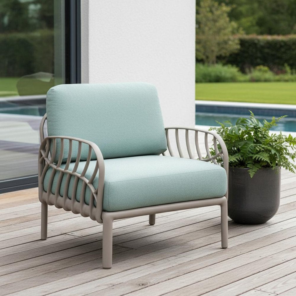 31" Gray Heavy-Duty Plastic Outdoor Patio Armchair with Sea Green Cushion - Outdoor Patio Chair