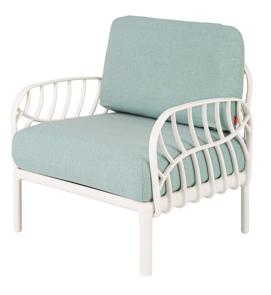 31" White Heavy-Duty Plastic Outdoor Patio Armchair with Sea Green Cushion - Outdoor Patio Chair