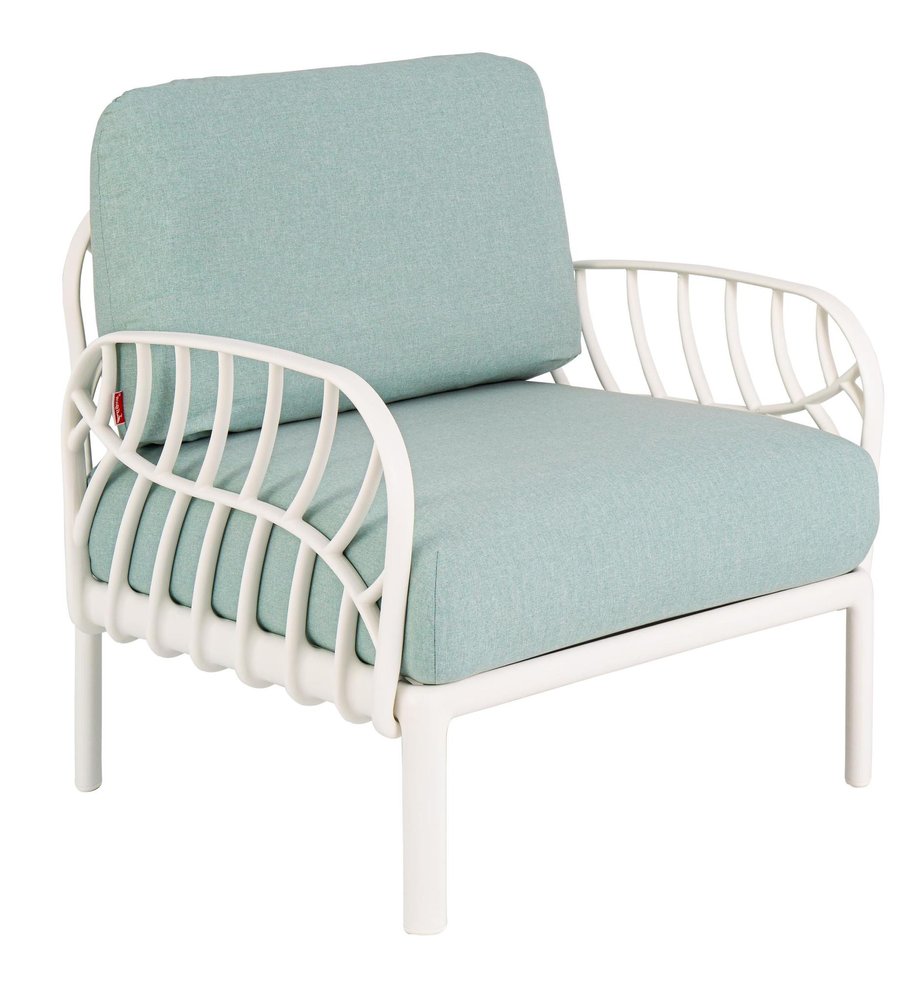 31" White Heavy-Duty Plastic Outdoor Patio Armchair with Sea Green Cushion - Outdoor Patio Chair