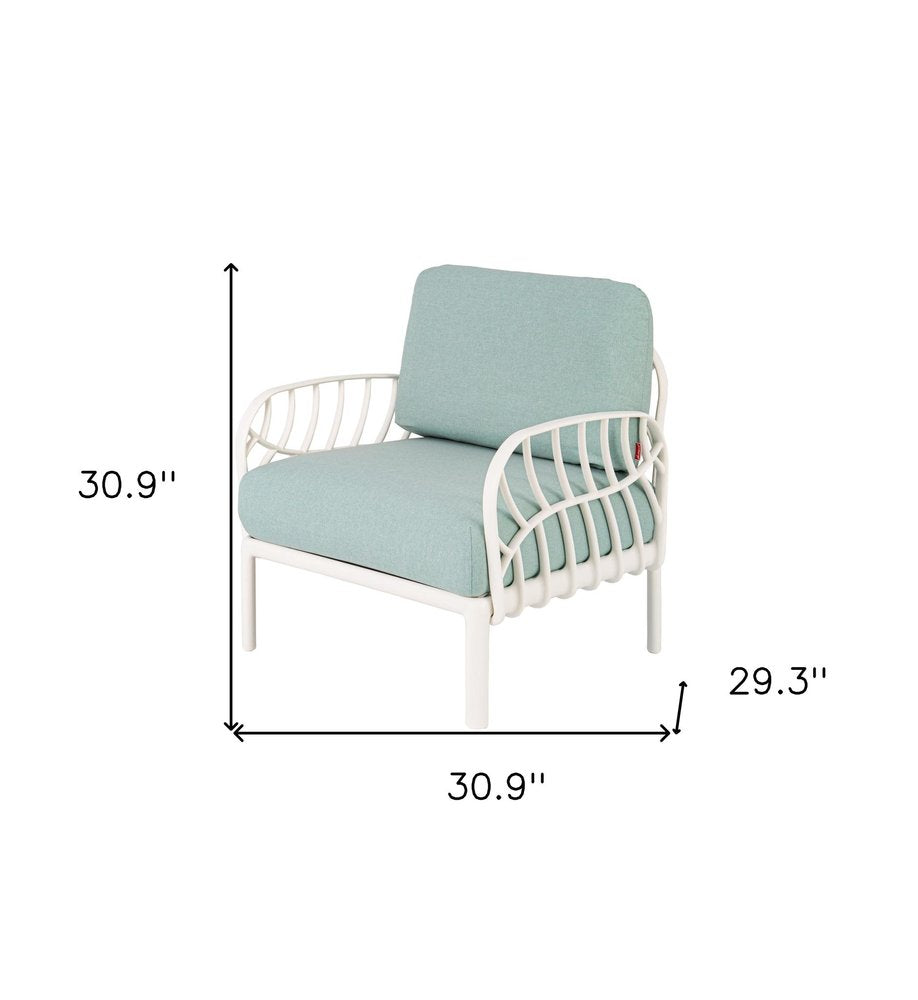 31" White Heavy-Duty Plastic Outdoor Patio Armchair with Sea Green Cushion - Outdoor Patio Chair
