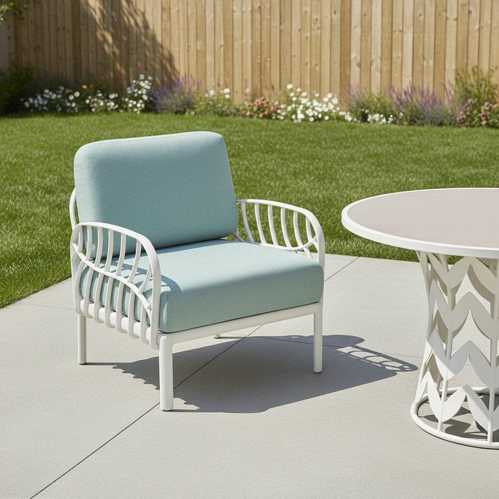 31" White Heavy-Duty Plastic Outdoor Patio Armchair with Sea Green Cushion - Outdoor Patio Chair