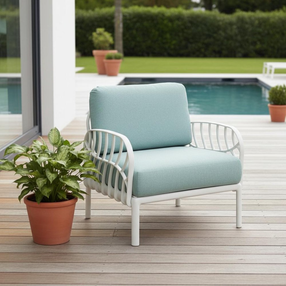 31" White Heavy-Duty Plastic Outdoor Patio Armchair with Sea Green Cushion - Outdoor Patio Chair