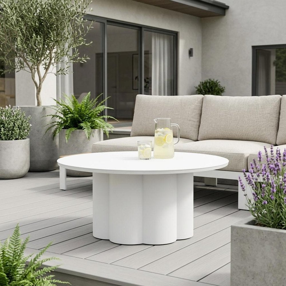 34" White Rounded Aluminum Outdoor Patio Coffee Table