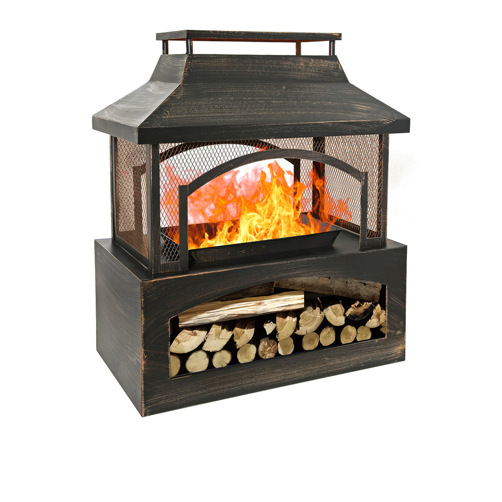 37-Inch Rectangular Metal Outdoor Wood Burning Fireplace - Outdoor Fireplace with Built-in Log Storage and Poker-Brushed Bron