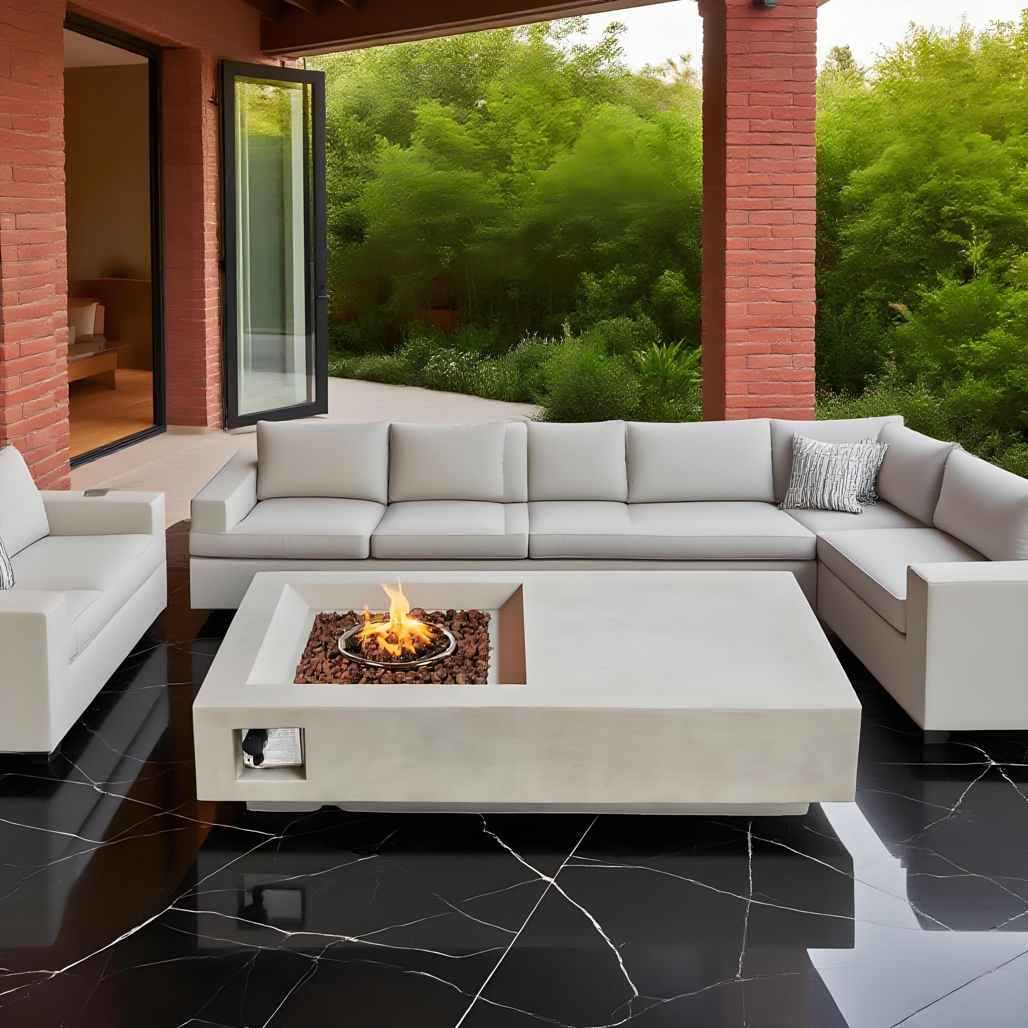 60" Propane Gas Outdoor Fire Pit Table, 50,000 BTU Rectangular Concrete Fire Pit for Patio & Backyard- Light Gray
