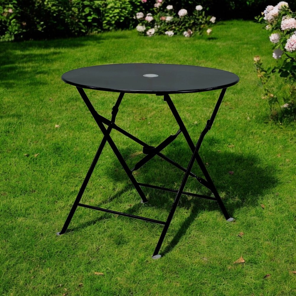 30" Black Rounded Aluminum Folding Outdoor Patio Bistro Table with Umbrella Hole