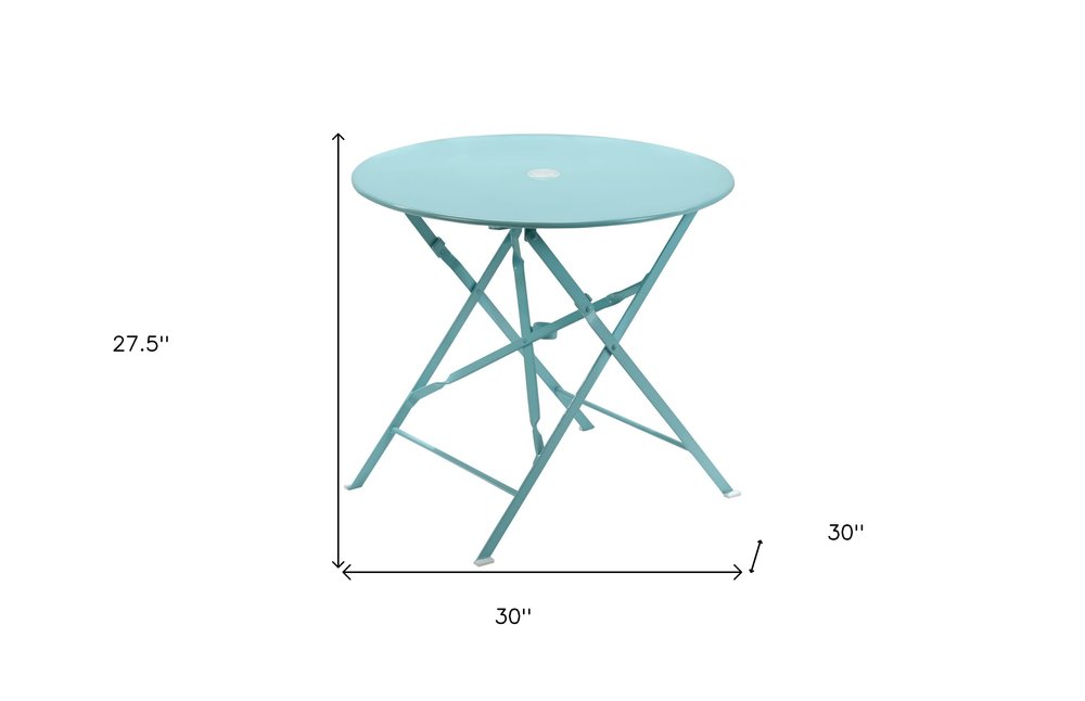 30" Aqua Rounded Aluminum Folding Outdoor Patio Bistro Table with Umbrella Hole