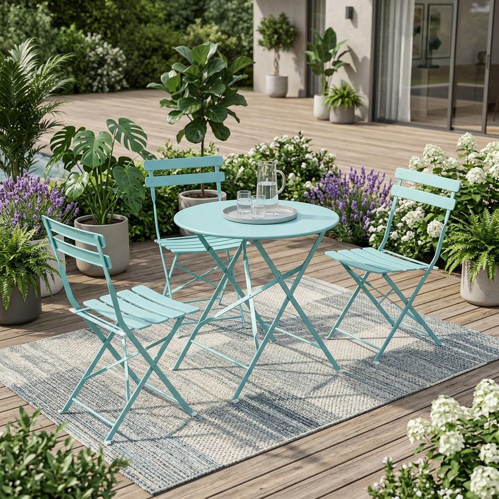30" Aqua Rounded Aluminum Folding Outdoor Patio Bistro Table with Umbrella Hole