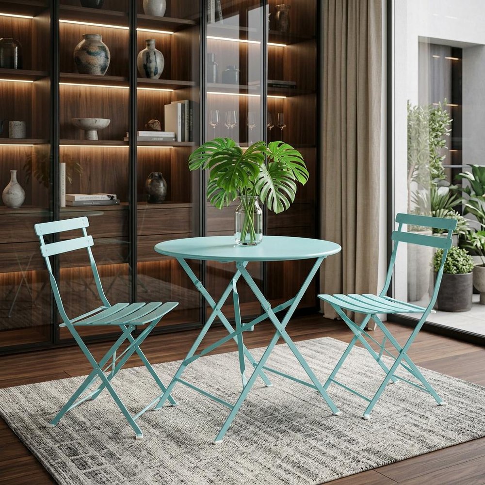 30" Aqua Rounded Aluminum Folding Outdoor Patio Bistro Table with Umbrella Hole