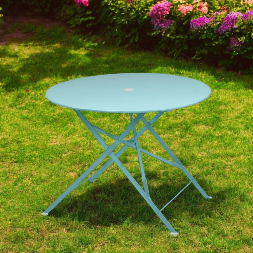 36" Aqua Rounded Aluminum Folding Outdoor Patio Dining Table with Umbrella Hole